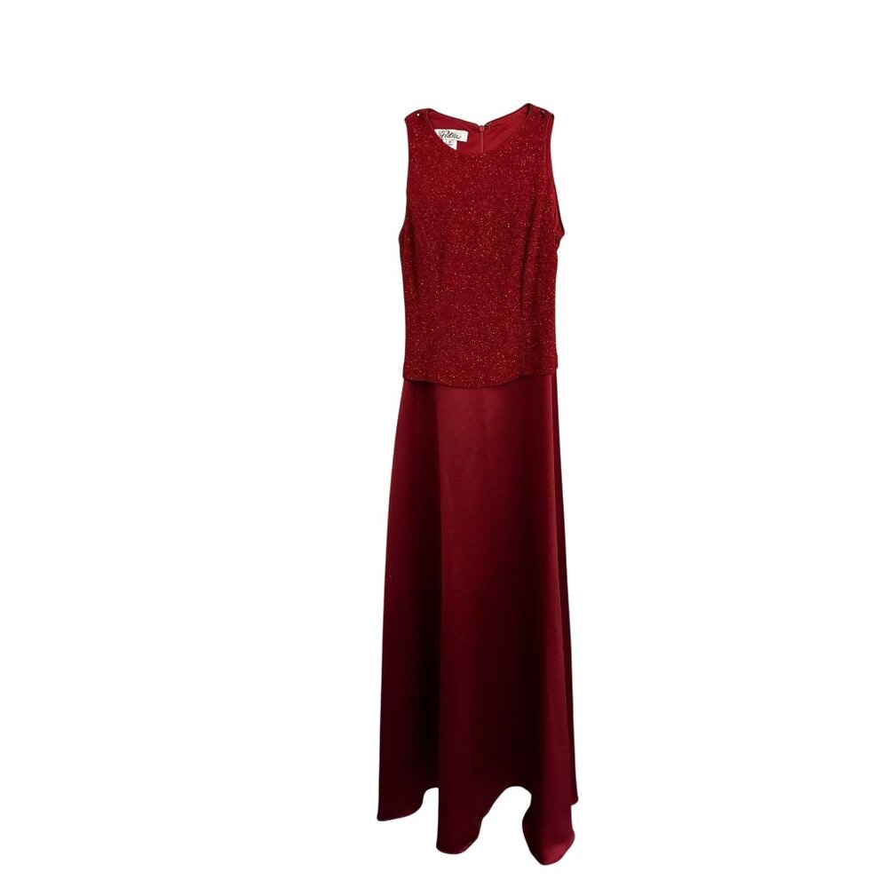 Patra Womens Red Glittery Sleeveless Formal Gown Size 8 Long Sparkling Satin Eve